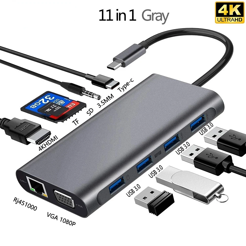 Adaptador HDMI VGA 11 en 1 Tipo C, USB 3,0, Puerto 4K,...