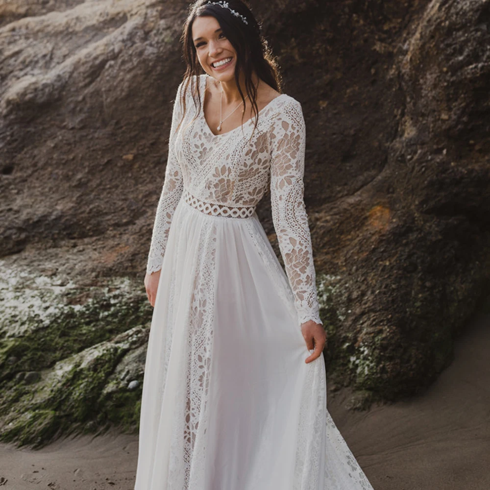 

Boho Wedding Dresses Sexy V Neck A Line Beach Backless Lace Wedding Dress Long Sleeves Appliques Bridal Gowns Robe De Mariée