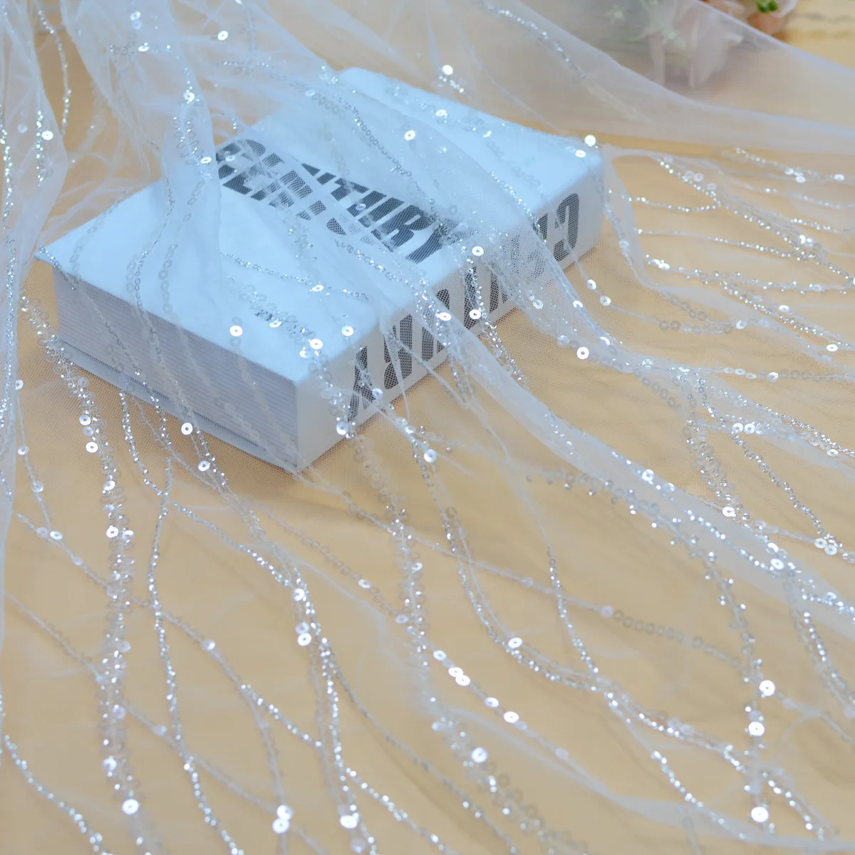 

Transparent Sequins Netting Tulle Mesh Lace Fabric Ivory Color Wedding Dress Lining Fabric Decor Accessory 1 Yard