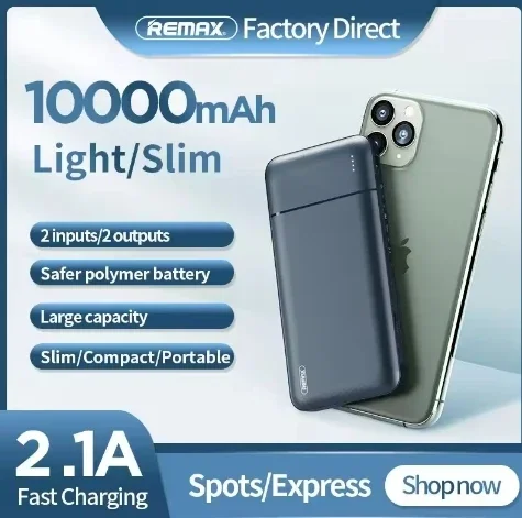 Портативное зарядное устройство 10000 мАч 2 Usb высокая емкость недорого Тип C