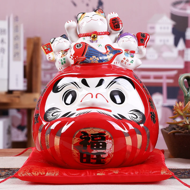 

10 inch Daruma Ornament Lucky Cat Decoration Figurine Red Money Box Piggy Bank Home Decor Feng Shui Gift