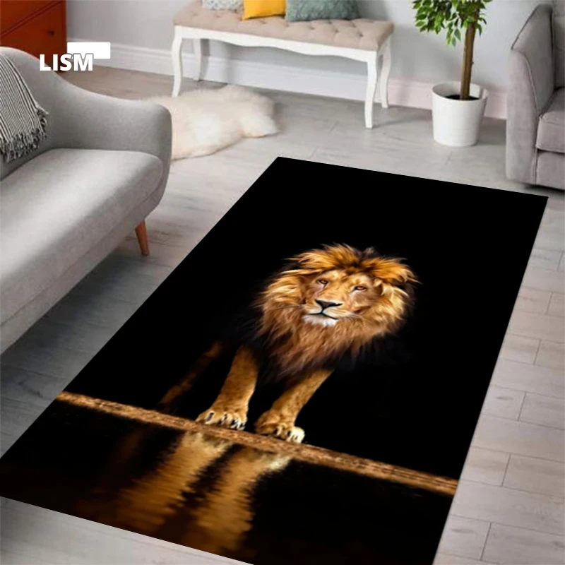 

Golden Black Lion Carpets and Rugs for Living Room Floor Mats Animal Print Doormat Bedroom Flannel Modern Home House Decoration