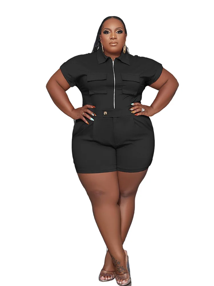 Plus Size 2 Piece Set Women Solid Zipper Tops and Shorts Pants Pockets Leggings Fashion Matching 3xl 4xl 5xl 6xl