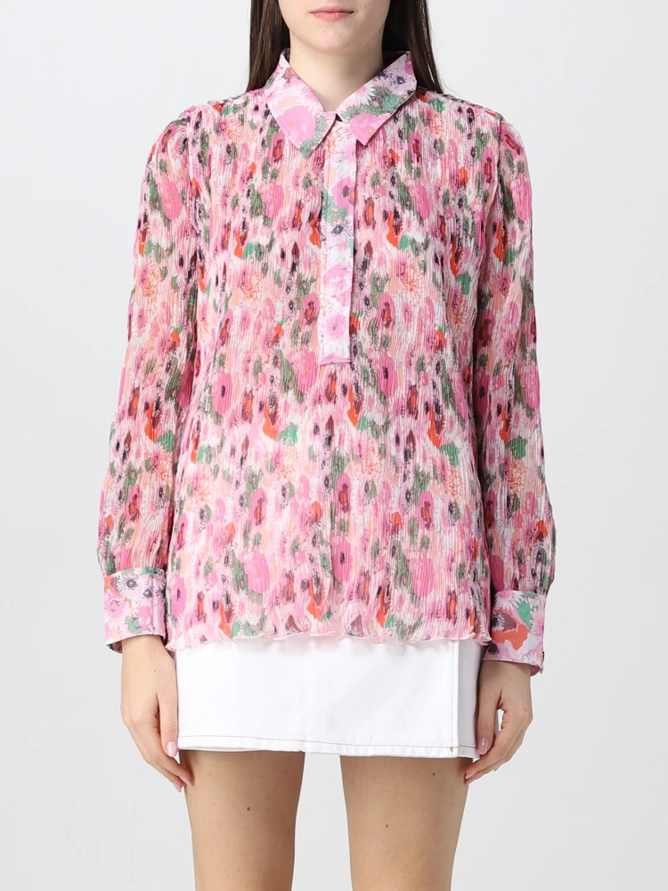 

100% viscose Nordic Pleated Georgette Half Placket Blouse Pink Floral-print Long Sleeve Shirts