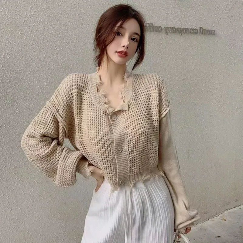 

Vintage Sweaters Women Cardigan Oversized Gray Knitted Top Ripped Office Lady Long Sleeves Solid Autumn Cardigans Goth Punk