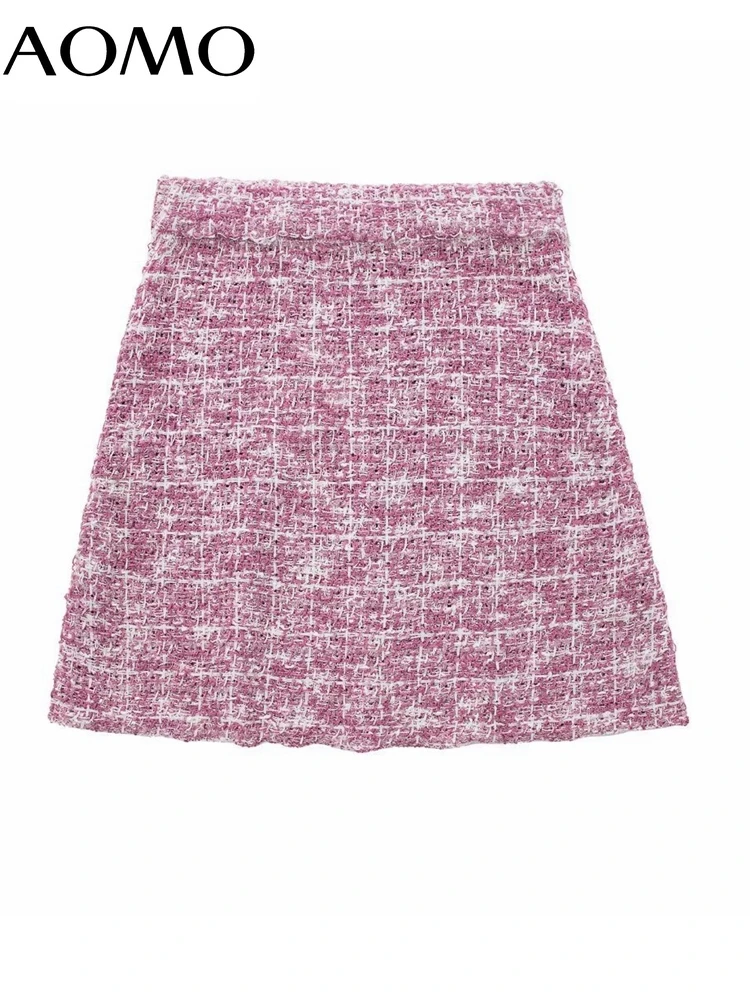 

AOMO 2022 Women Pink Tweed Skirts Faldas Mujer Zipper French Style Female Mini Skirt 3H415A