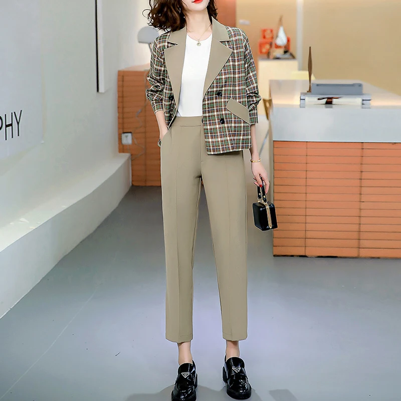 

Женский офисный комплект из 2 предметов, повседневная куртка и брюки, клетчатый Блейзер и брюки-карандаш, весна-осень
