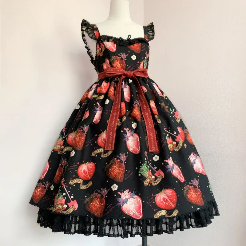 

Japanese Retro Kawaii Lolita Jsk Dress Women Punk Lace Ruffles Strawberry Dresses Girls Victorian Gothic Lolita Suspender Dress