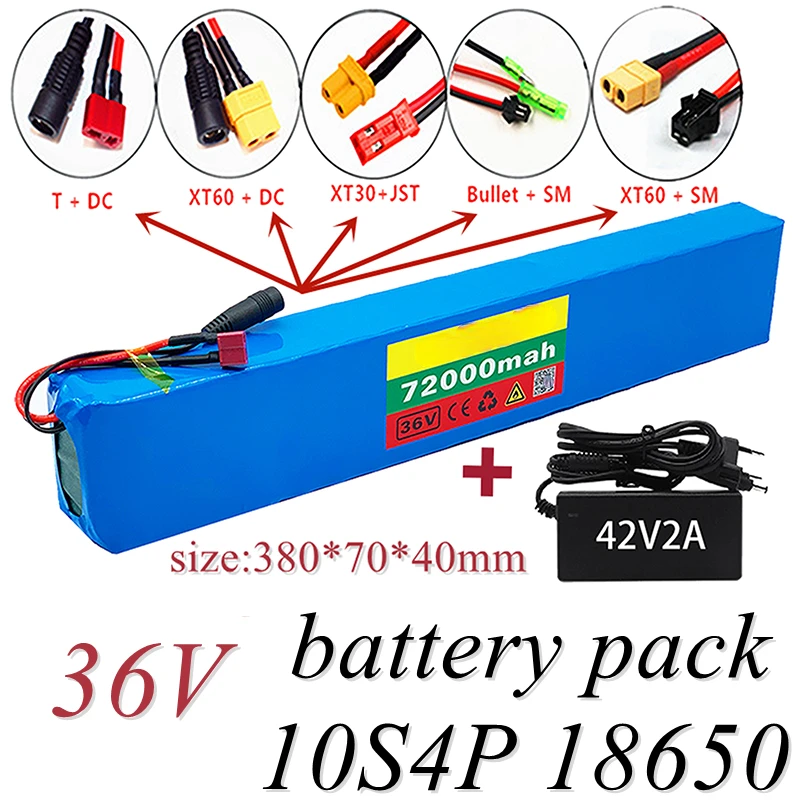 

New 18650 Battery Pack 10s4p 36 V 72AH High Power 600 W, Suitable for Electric Bicycle Lithium Battery with Charger Sales