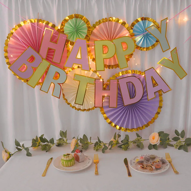 

1Set Candy Color HAPPY BIRTHDAY Paper Fans Banner Bunting DIY Pendant Wall Hanging Garlands For Birthday Party Baby Shower Decor
