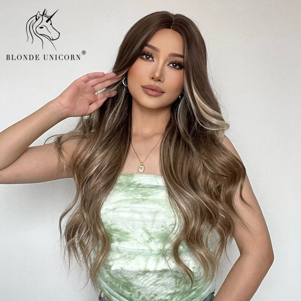 Парик Синтетический блонд Единорог Омбре коричневый с хайлайтером длинные
