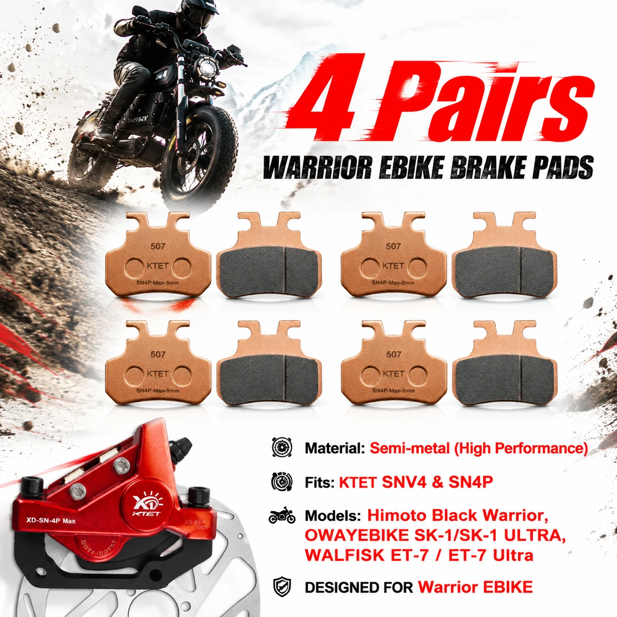 Фото Тормозные колодки Black Warrior, полуметаллические, внедорожные, для WALFISK ET-7, ET-7 Ultra, EKXBike, GTS X22, KTET, SN-V4, XD-SN-4P, гидравлические №1