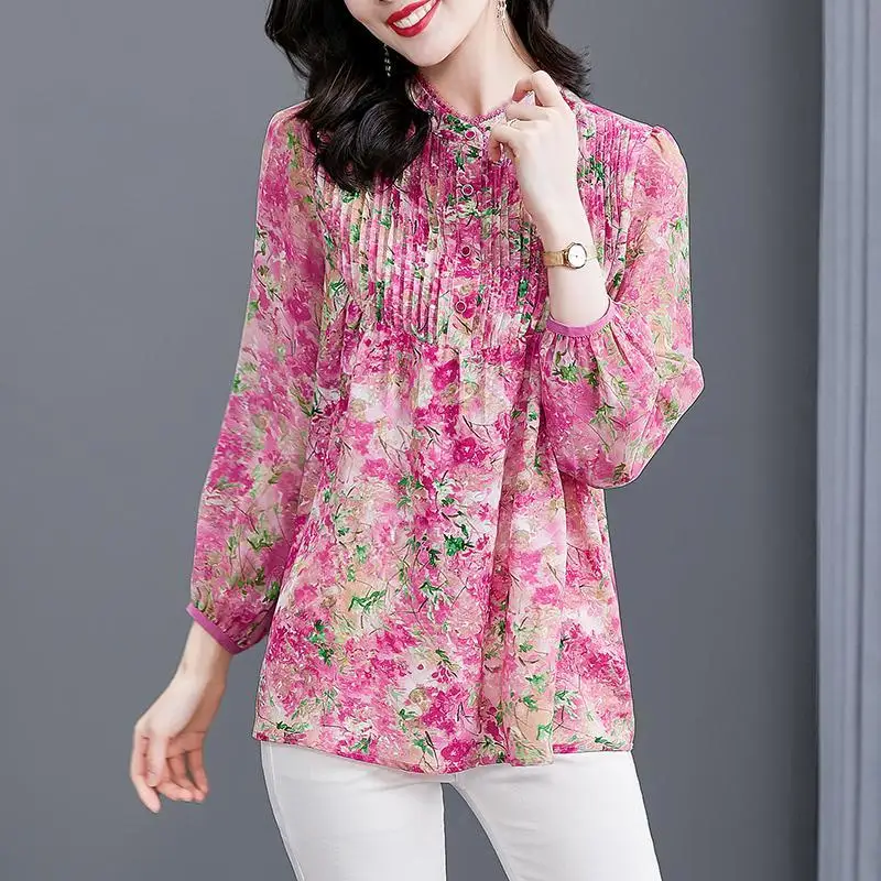 

Floral Vintage Printed Chiffon Spring Autumn Blouse Loose Casual Long Sleeve Fashion Button Commute Women Clothing Shirt Top