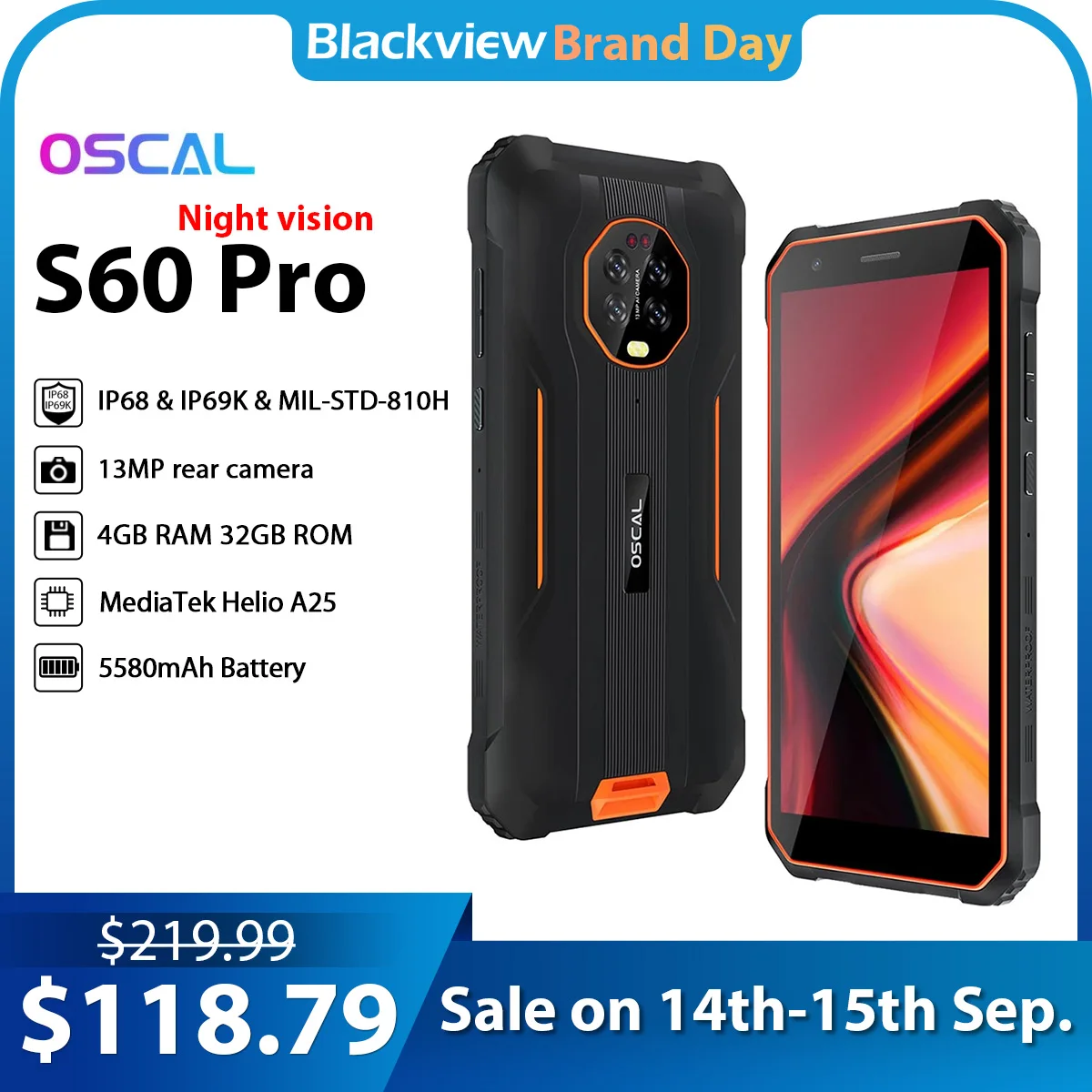 Blackview-Smartphone Oscal S60 Pro, teléfono móvil con visión nocturna, resistente al agua IP68, pantalla de 5,7 pulgadas, 4GB + 32GB, batería de 5580mAh, Android 11