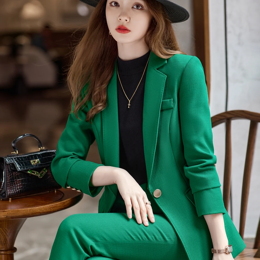 Korean Formal Ladies Khaki Green Women Business Suits with Sets Work Wear Office Uniform  2-piece Large Size Pants Jacket Set