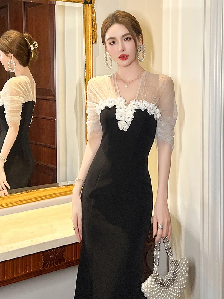 Новое летнее Сетчатое Прозрачное Черное вечернее платье женская одежда