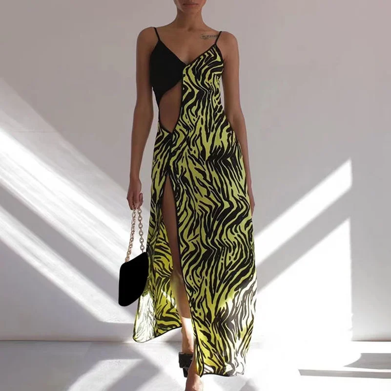

KEXU Sexy Hollow Out Print Maxi Dress Women Elegant V-neck Spaghetti Strap Patchwork Color Blocking Side Slit Skinny Lady Robe