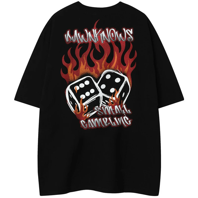 

Женская уличная Футболка с принтом пламени и игральных костей, футболка с коротким рукавом в стиле Харадзюку, модные женские блузки, летние ...