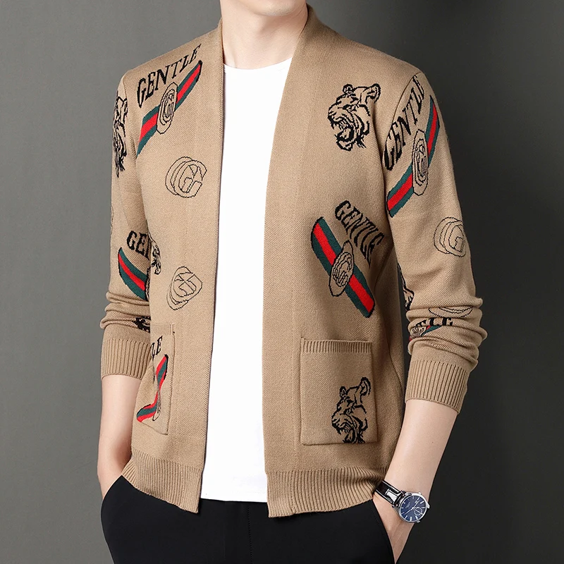 

Мужской вязаный кардиган с принтом тигра, повседневный модный и удобный кардиган без пуговиц с вышивкой, 2023