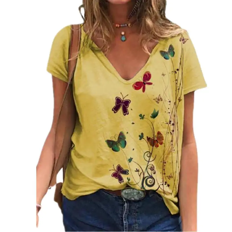 Женская футболка с коротким рукавом и V-образным вырезом размеры до 3XL |