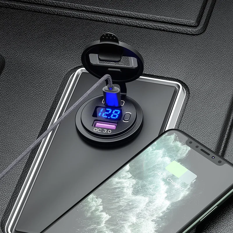 60W PD Type C/QC 3.0 USB Charger with button Switch LED Voltmeter Power Outlet Fast Charging for 12V 24V Car Truck Motorcycle RV - купить по