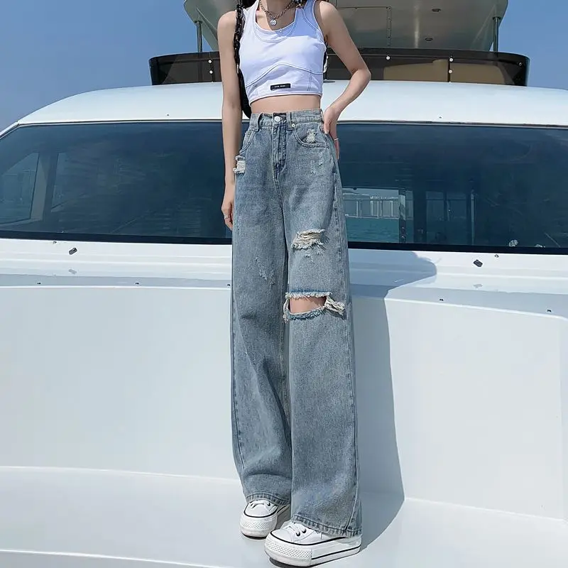 

Женские джинсы с дырками, Корейская одежда, джинсы больших размеров в стиле 1920-х годов, уличная одежда в стиле 90-х, японская модная уличная одежда Y2k, широкие брюки