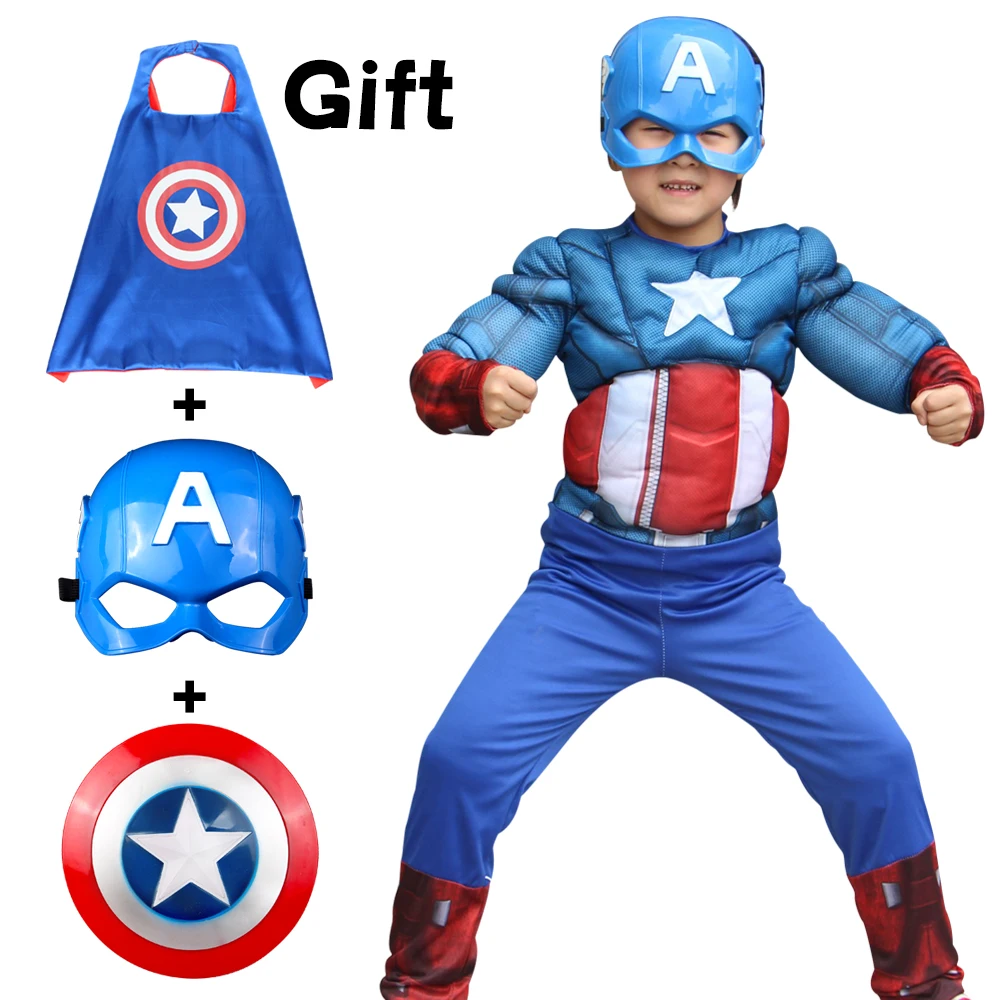 

Anime Captain America Costume 4PCS/Set Mask Shield Cape Kids Purim Muscle Chest Halloween Children's Day Fancy Dress