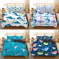 cartoon sharks print bedding set cute marine fish duvet cover for kids nautical comforter cover queen king size home bedclothes