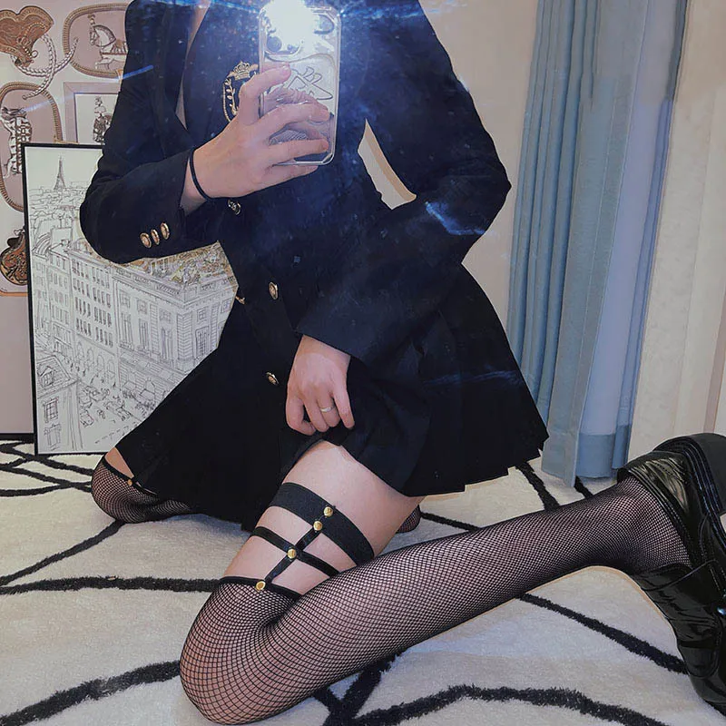 

Omikaa Dark Rivet Knee Socks Women Hollow Out Fishnet Stockings Long Tube Sexy Suspenders Stockings Punk Babes Black Stockings