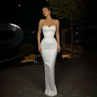 luxury pearls mermaid evening dresses sleeveless sweetheart white satin floor length prom dress formal banquet gown customized