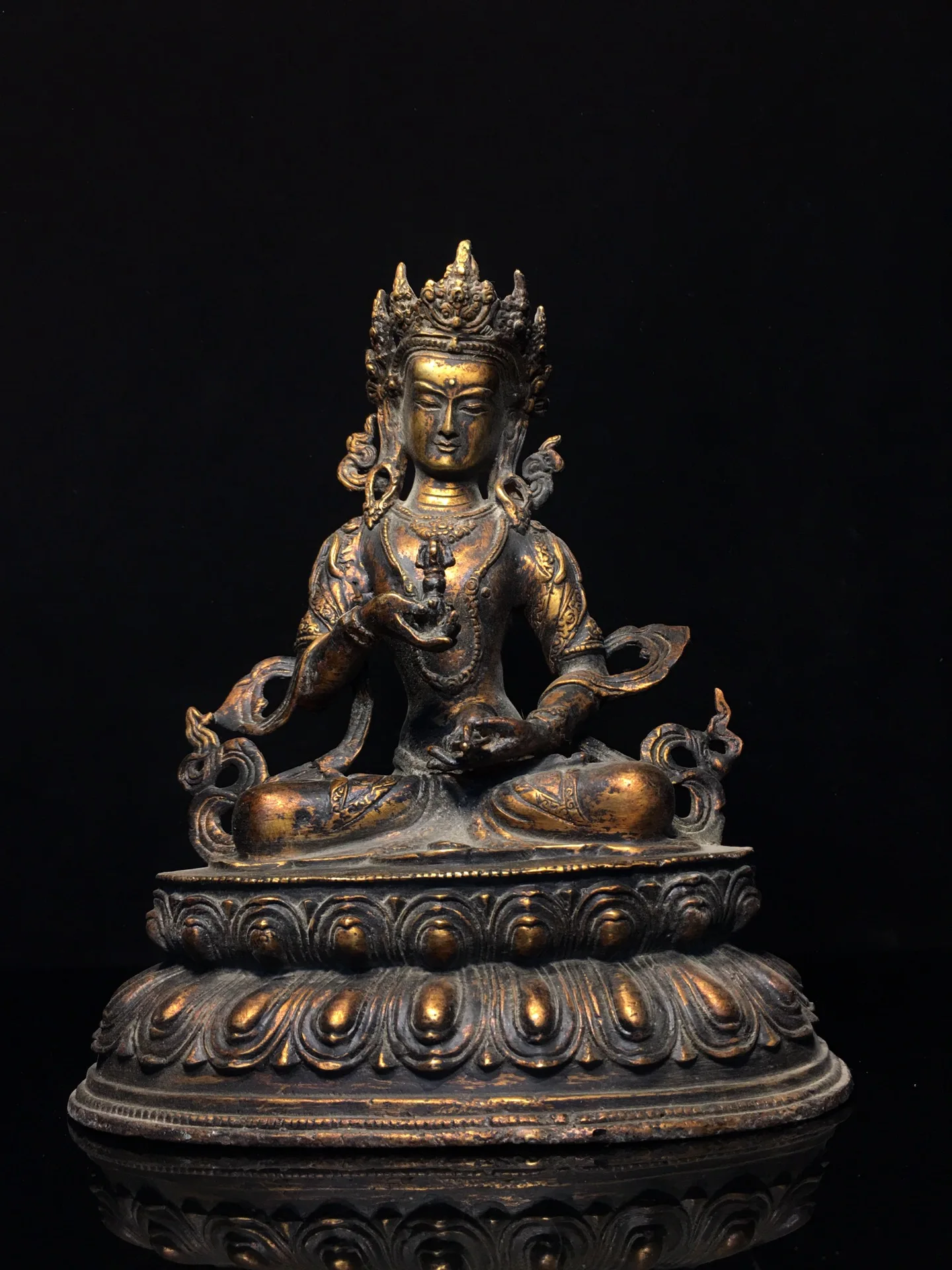 

12"Tibet Temple Collection Old Bronze Cinnabar Mud gold Vajrasattva Double Lotus Terrace Sitting Buddha Worship Hall Town house