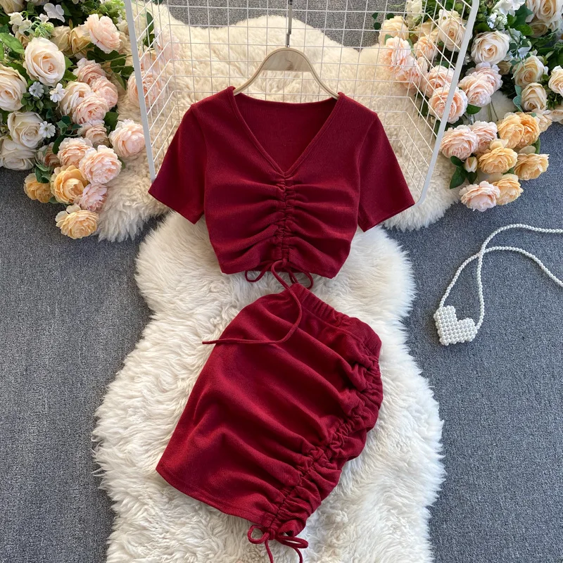 

Girls Summer Korean Short Sleeve with V Neck Sweater Clothes Set Wine Red Cotton Drawstring Slim Short Top Skirt Two Piece Set