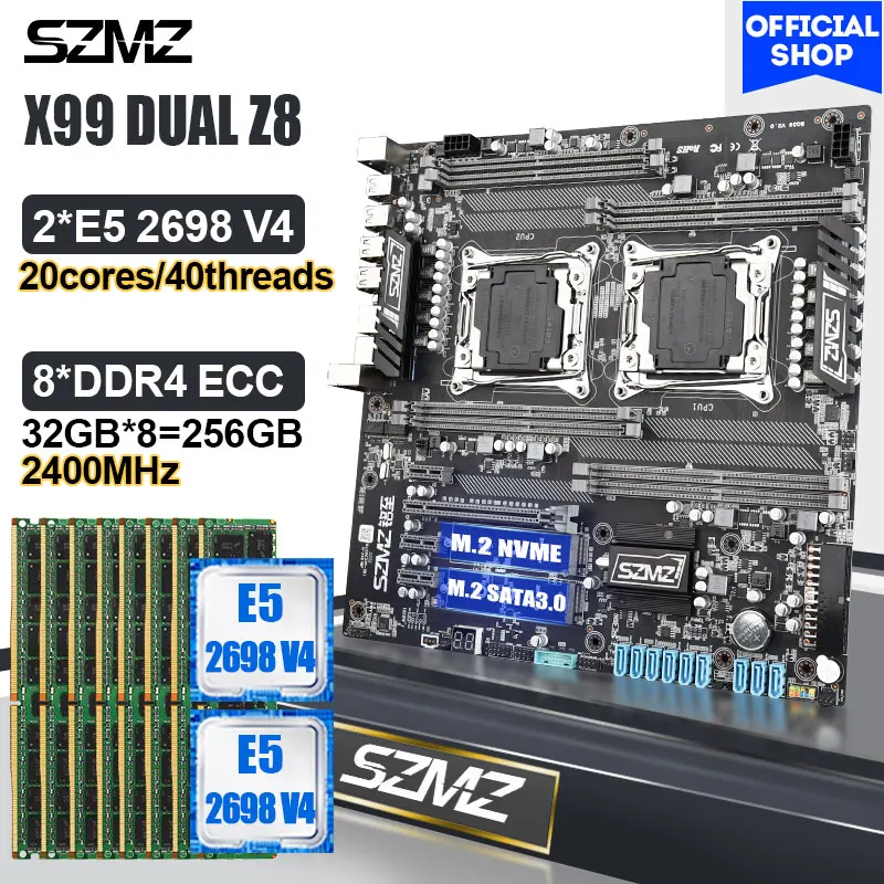 

SZMZ X99 Dual Motherboard Set LGA 2011 V3 with 2 Pics 2698 V4 CPU 256GB DDR4 RAM Base Plate Assembly Kit Xeon X99 Combo