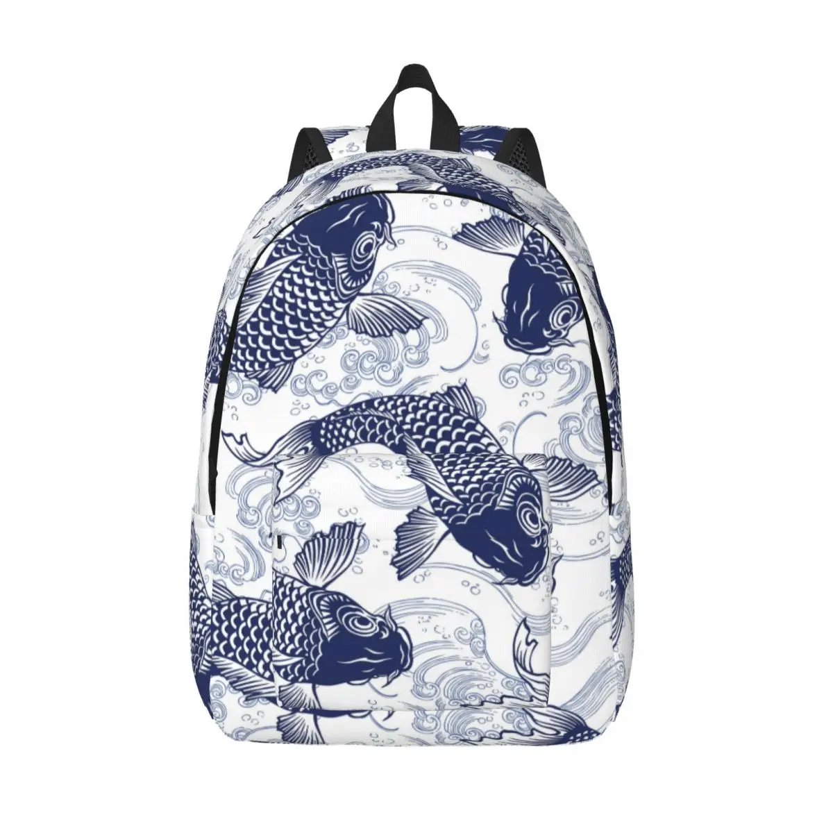 Men Women Backpack Large Capacity School Backpack for Student Blue Fish Carp Koi Wave Pattern School Bag