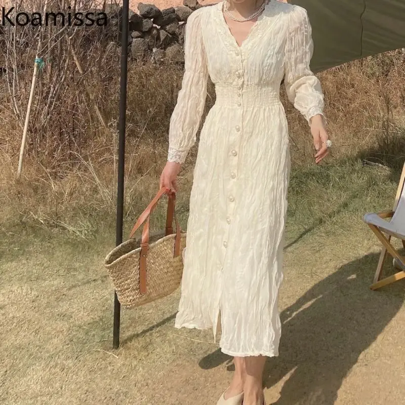 Koamissa Sweet Women Bodycon Weeding Maxi Dress Long Sleeves V Neck Fashion Lady Chic Korean Dresses 2022 Outwear New Vestidos