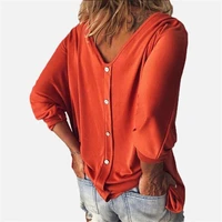 autumn 2022 elegant fashion womens blouse long sleeve v neck loose shirt vintage casual solid color behind button t shirt tops