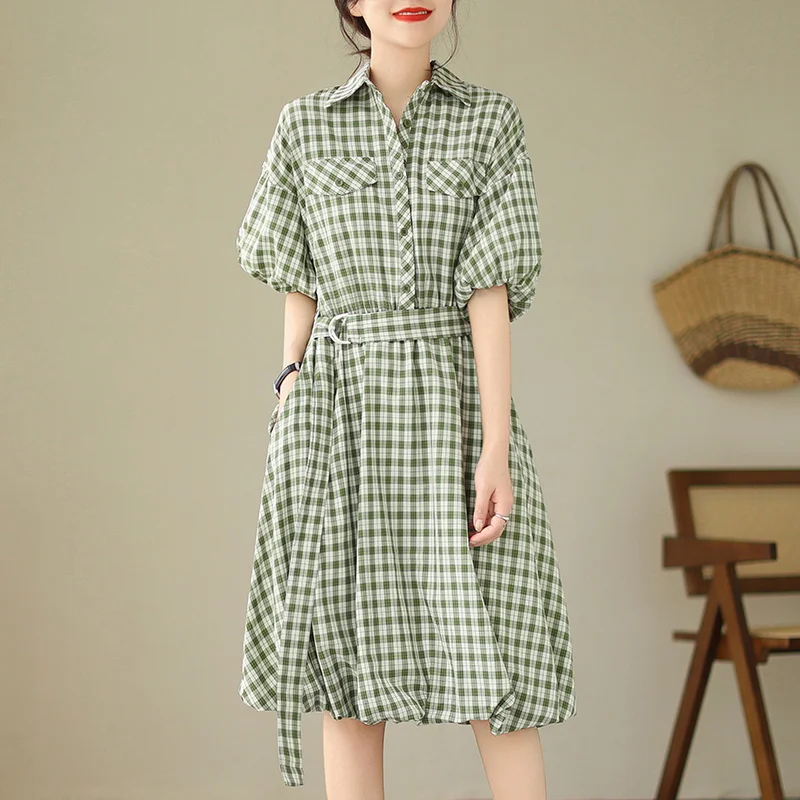 

#3680 Vintage Plaid Shirt Dress Women Puff Sleeve Loose High Waist Belt A-line Dress Polo-Neck Office Dress Buttons Thin Sexy