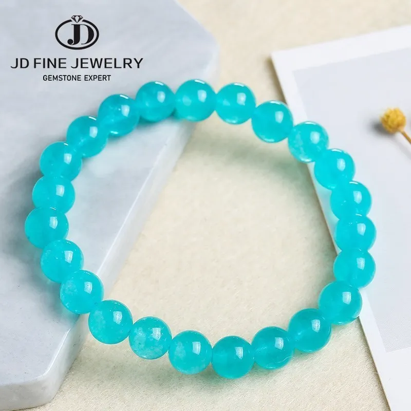 JD Natural Chalcedony Blue Amazonite Color High Quality Beaded Bracelet Women Fashion Round Jade Stone Wristband Strand Bangles