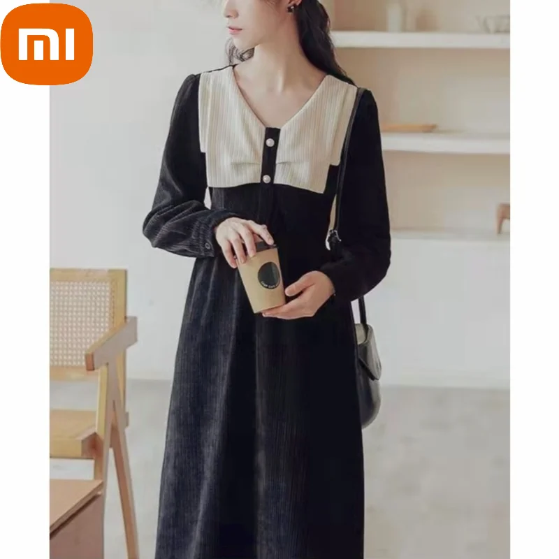 

Xiaomi French Vintage Dress Women Corduroy Patchwork Elegant Party Midi Dress Female Korean Button Designer One Piece Dress