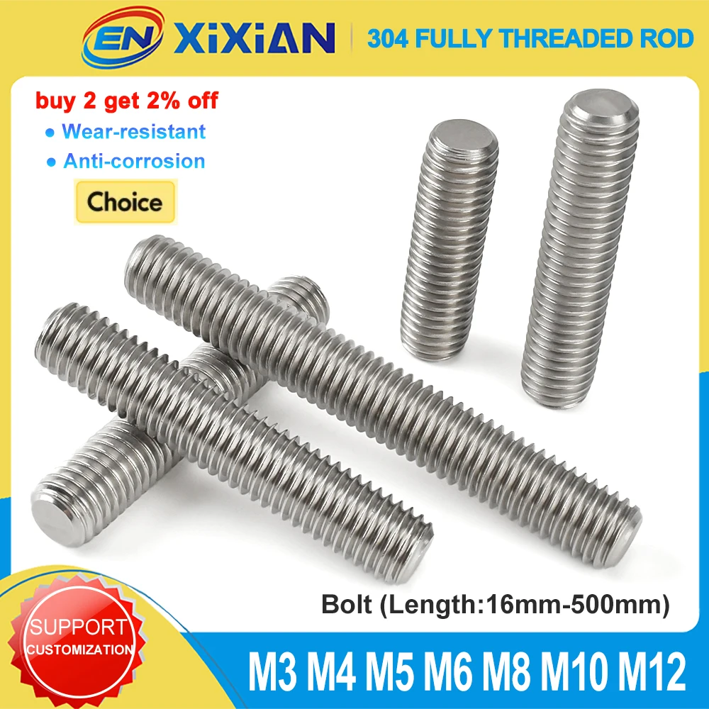 

M3 M4 M5 M6 M8 M10 M12 Нержавеющая сталь 304 Болт с полной резьбой Полностью метрические шпильки с резьбой без головки Винты Длина 16 мм-500 мм