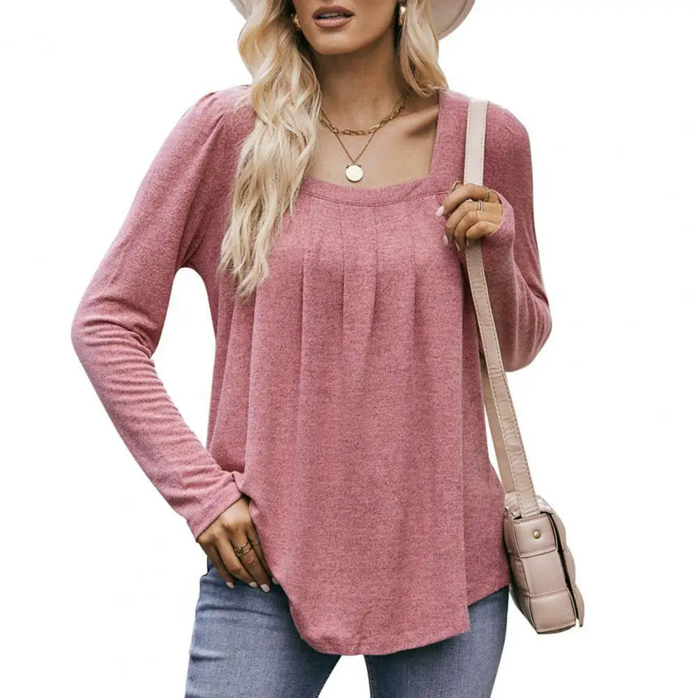 

Lightweight Women Top Flowy Square Neck Women's Fall T-shirt Pleated Loose Hem Soft Long Sleeve Pullover Breathable for Ladies