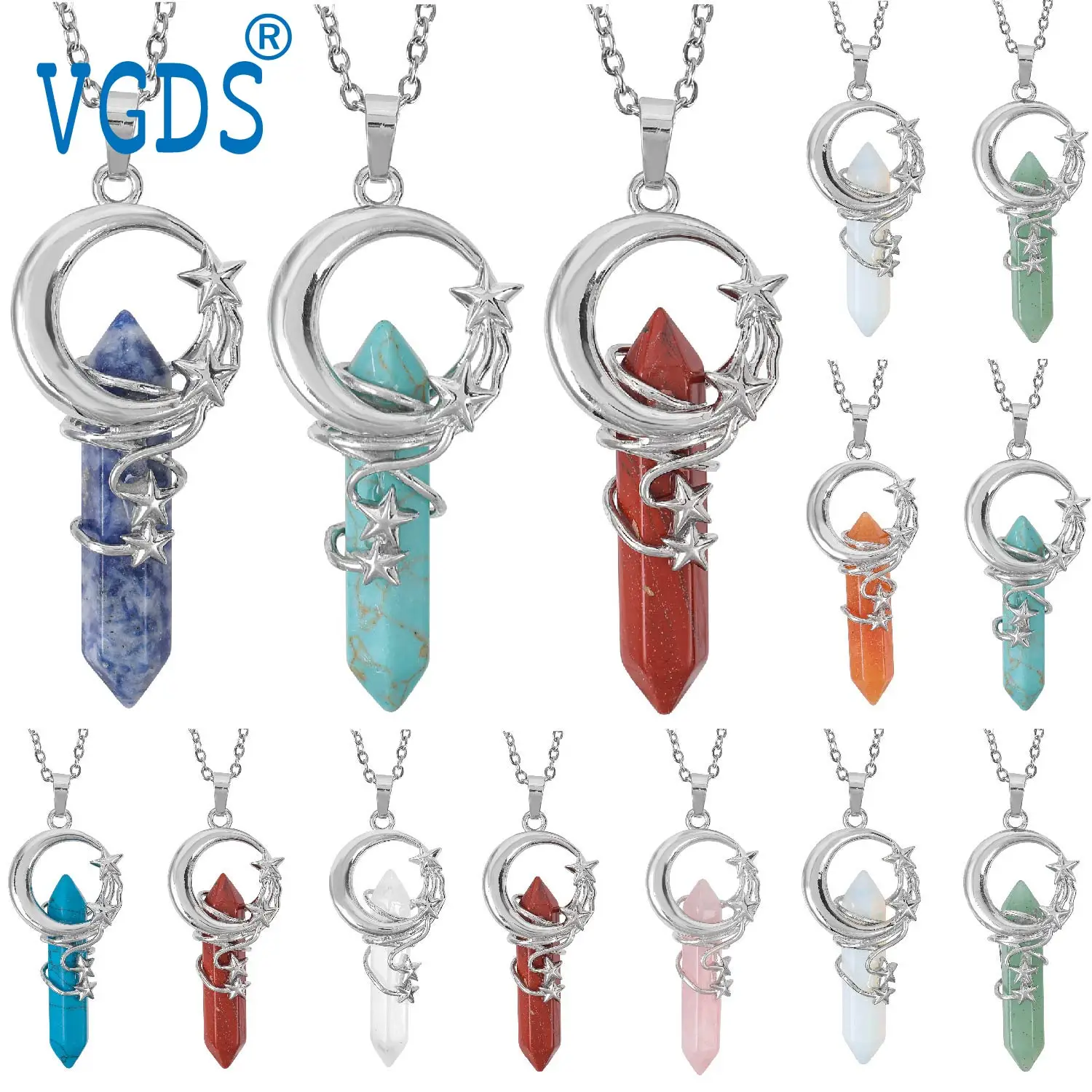 

VGDS Natural Crystal Quartz Amethyst Hexagonal Column Men Pendants Moon Stars Gemstone Reiki Charm Necklaces Jewelry for Women