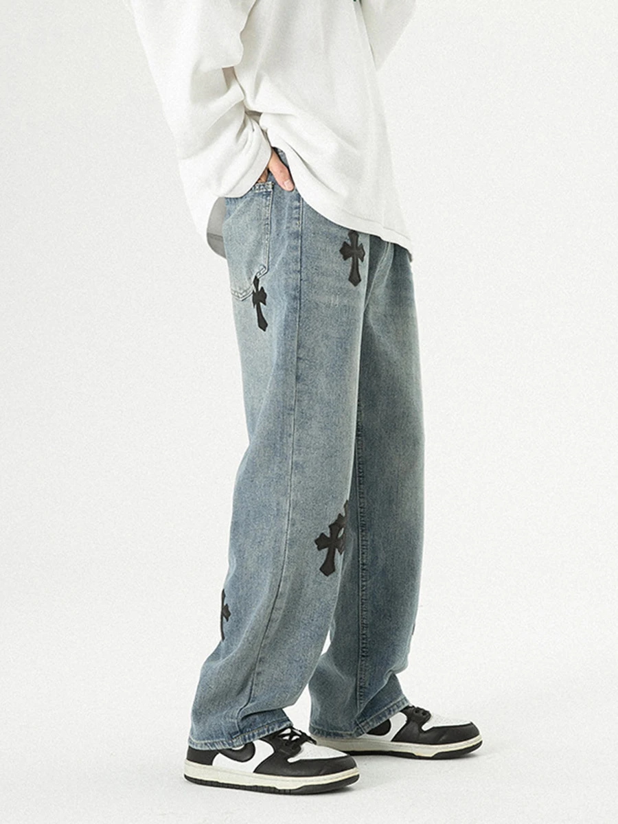 Four Seasons Men's Jeans American Trend Street Loose Cross Embroidery High Street Y2k Men Jeans Streetwear Men's Ins Hot Sale