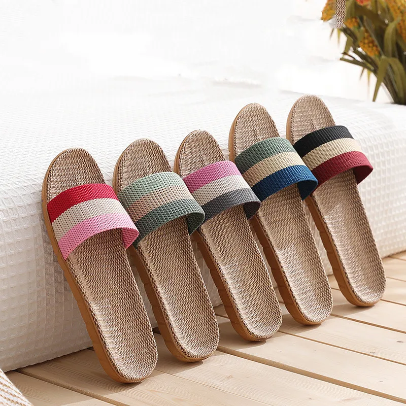 

Summer 15 Colors Flax Slippers 2021 New Summer Shoes For Women Men Breathable Belt Indoor Home Slides Ladies Linen Flip Flops