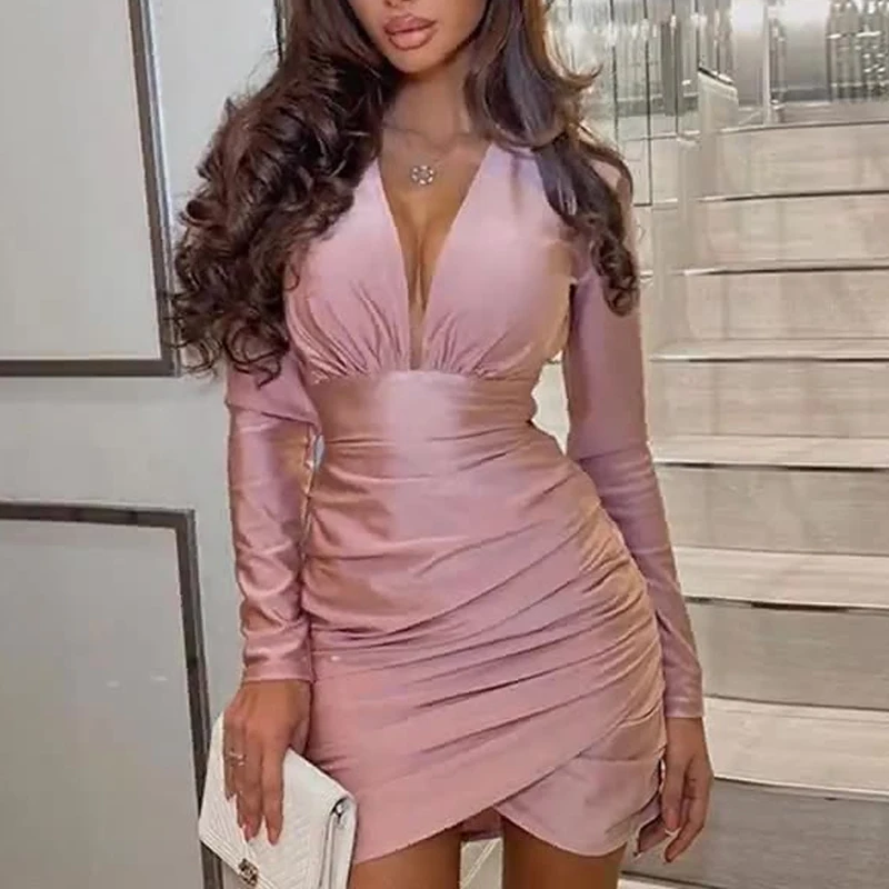 

Lady Solid V Neck Waisted Sexy Dress Fashion Party Long Sleeve Solid Bodycon Bag Wrap Dress Spring Elegant Pleated Mini Dress