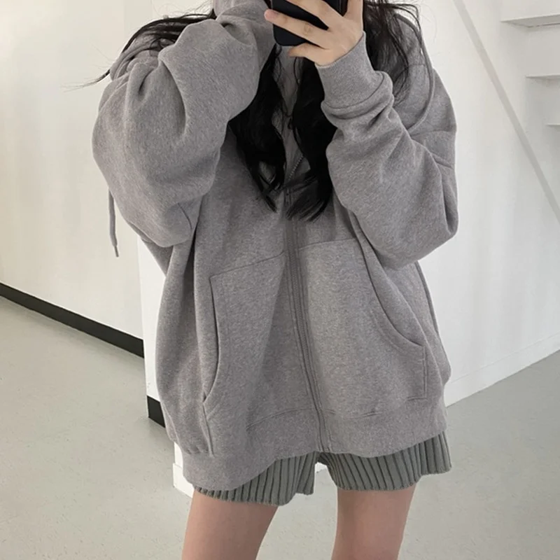 

Autumn Winter Zipper Hooded Sweater Women's Loose Cardigan Tops Thickened Plush Solid Color Coat Casual Girls Hooded Pullover