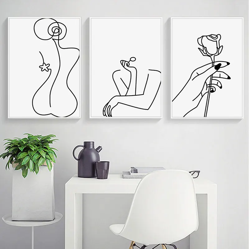 

Минималистичная абстрактная Женская Цветочная линия, холст, живопись, черно-белая стена, декоративный постер, печать, декор для гостиной, ху...
