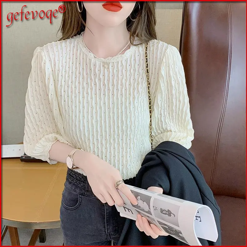 2022 Summer Korean Fashion Puff Sleeve Sweet Top Female Casual Hollow Out Lace Patchwork Chiffon Women's Blouse All-match Shirt