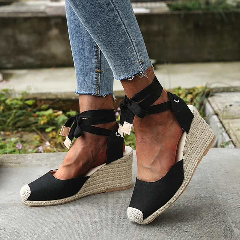 New Women's Wedges Espadrilles Sandals Summer 2023 Ankle Strap Gladiator Sandalias Woman Plus Size Hemp Bottom Casual Shoes