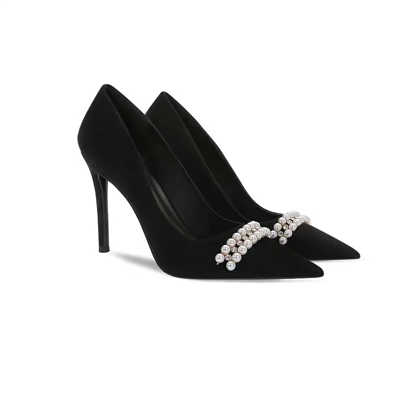

Black Heels Women 2022 Autumn Fashion Simulation Pearls Pointed Toe Comfortable Pumps Female Shoes Zapatos De Vestir Mujer